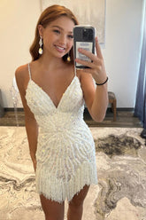 Backless Spaghetti Straps Tassel White Short Homecoming Dress